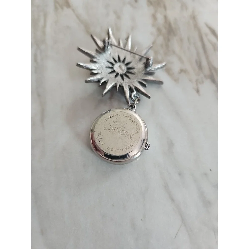 Vtg Monet Hanging Dangle Watch Silver Tone Starburst Brooch Pin‎ Needs Battery